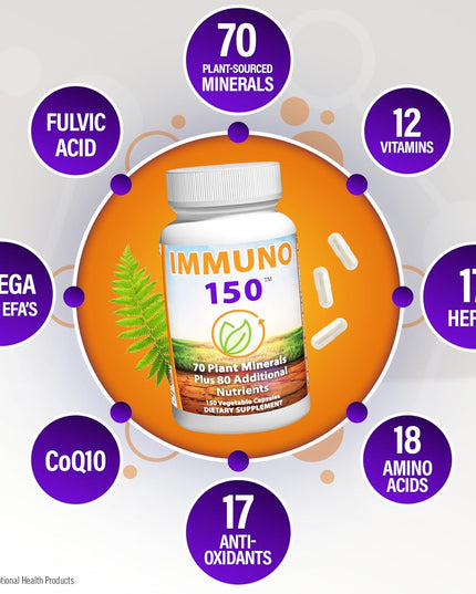 Immuno150 Immune Support Supplement, 150 Vegetable Capsules - Immunity Boost Packed with 70 Trace Minerals, 13 Essential Vitamins, Antioxidants, Herbs & Amino Acids - Immune System Booster for Adults
