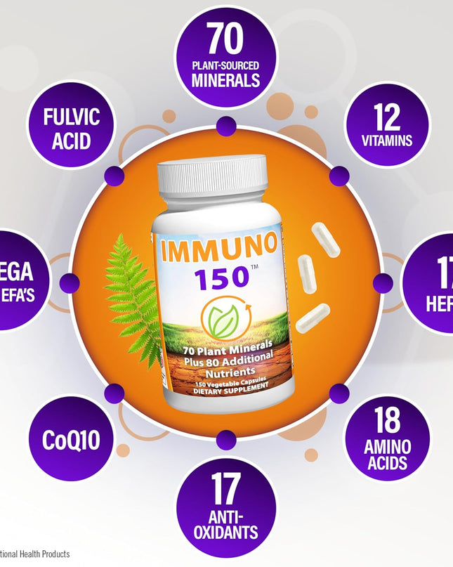 Immuno150 Immune Support Supplement, 150 Vegetable Capsules - Immunity Boost Packed with 70 Trace Minerals, 13 Essential Vitamins, Antioxidants, Herbs & Amino Acids - Immune System Booster for Adults