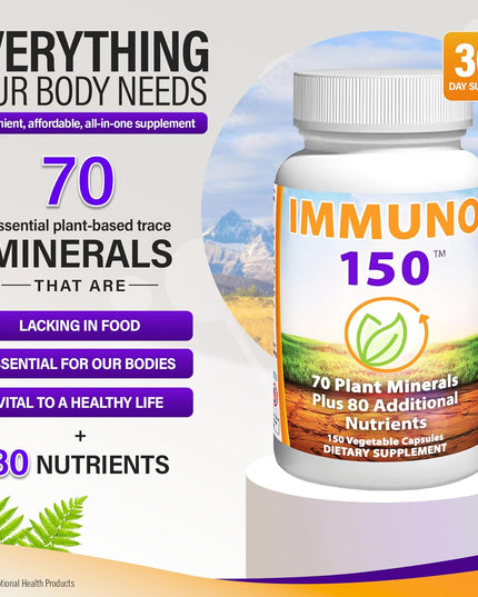 Immuno150 Immune Support Supplement, 150 Vegetable Capsules - Immunity Boost Packed with 70 Trace Minerals, 13 Essential Vitamins, Antioxidants, Herbs & Amino Acids - Immune System Booster for Adults